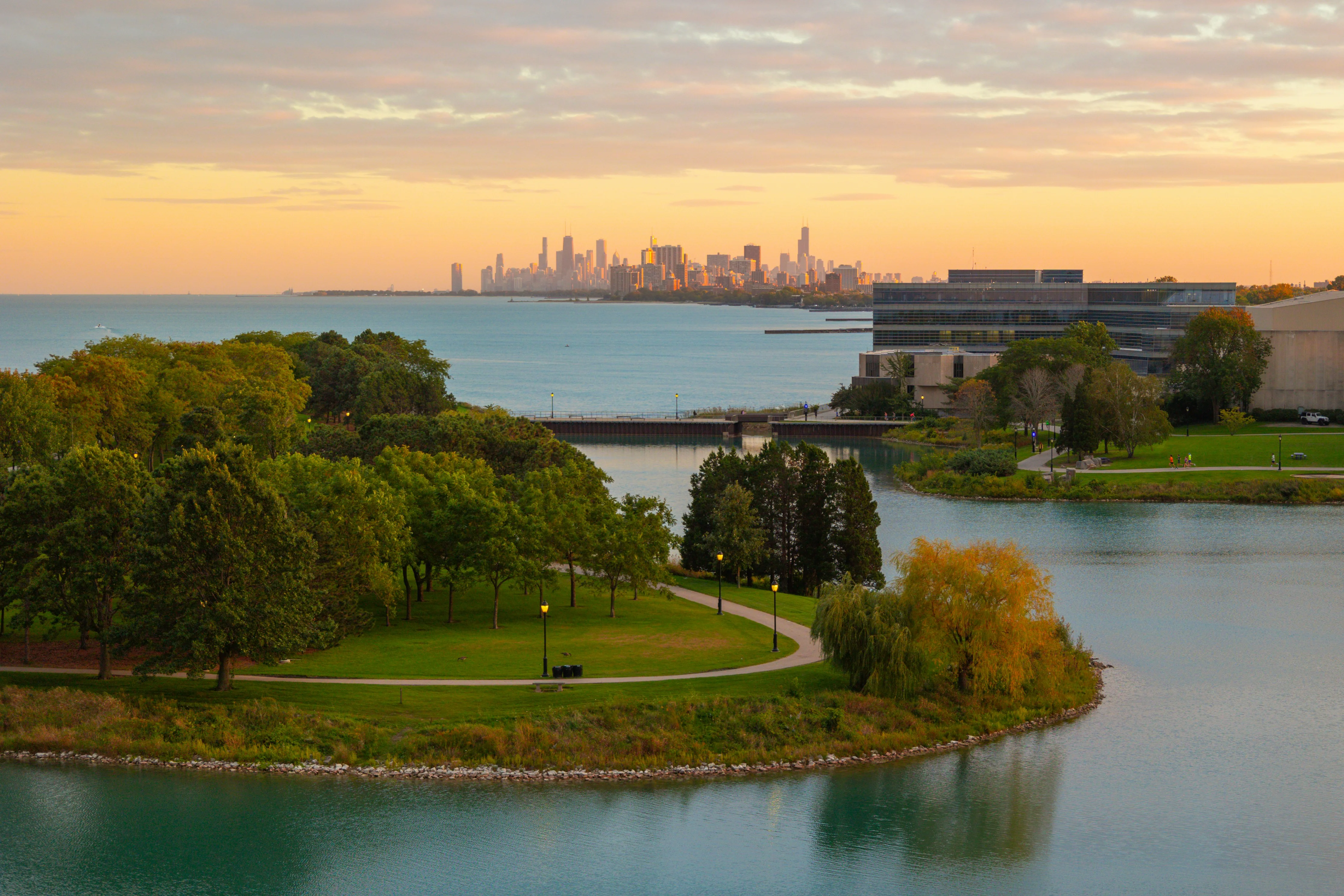 an aerial view of Northwestern University's campus and its waterfront in Evaston, IL