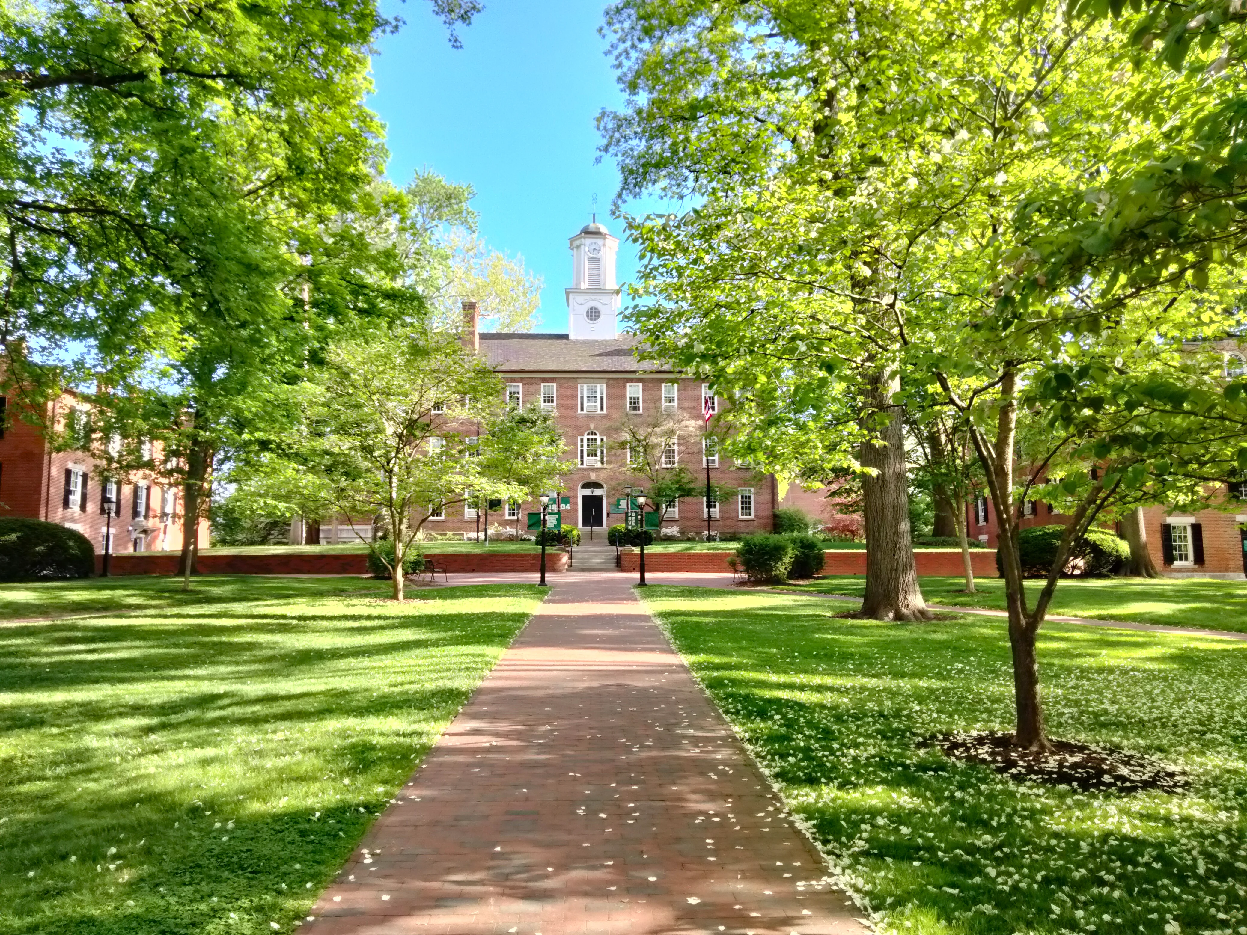 a pathway lined with trees and green grass leading to a building at the Ohio University campus in Athens, OH